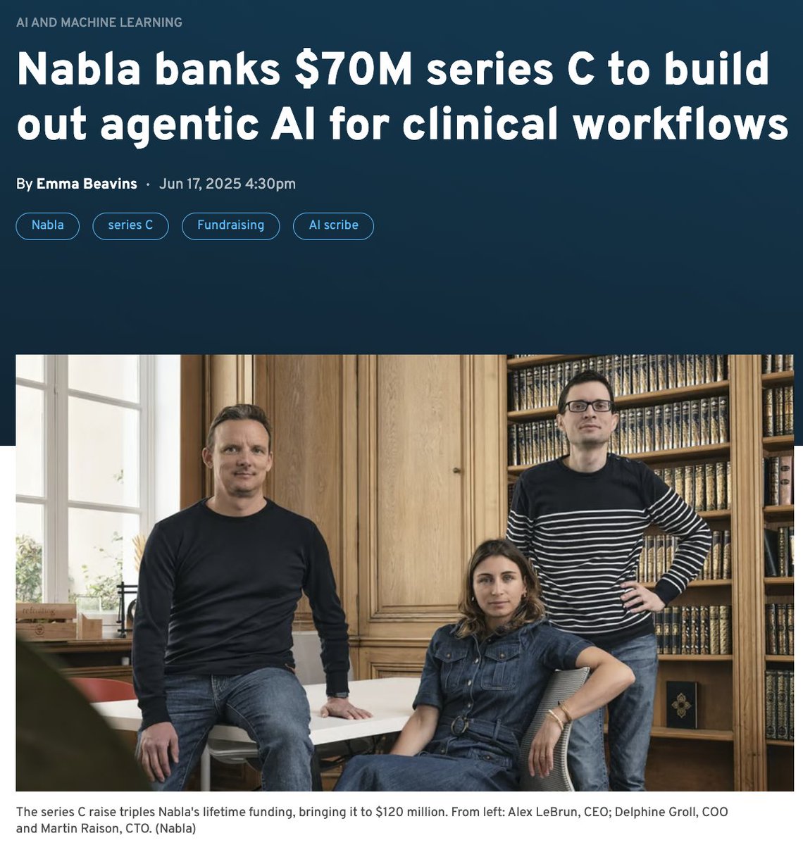 Nabla (@nabla_ai) on Twitter photo “It feels like day one again.” <a href="/lxbrun/">Alex Lebrun</a>
Co-developing with leading health systems, and deploying at 130+ partner organizations has paved the way for this next step in our journey: Bringing the best of agentic AI to healthcare.
<a href="/emmabeavins/">Emma Beavins</a> from <a href="/FierceHealth/">FierceHealthcare</a> covered our recent “It feels like day one again.” <a href="/lxbrun/">Alex Lebrun</a>
Co-developing with leading health systems, and deploying at 130+ partner organizations has paved the way for this next step in our journey: Bringing the best of agentic AI to healthcare.
<a href="/emmabeavins/">Emma Beavins</a> from <a href="/FierceHealth/">FierceHealthcare</a> covered our recent