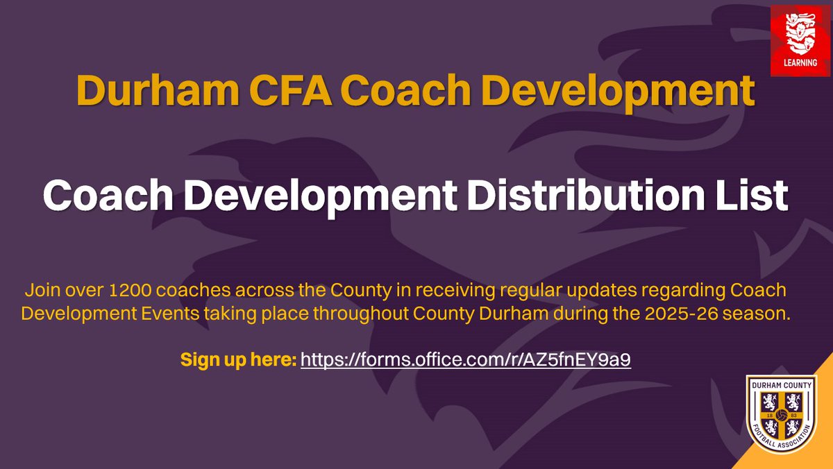 Durham CFA Coach Development (@dcfa_coachdev) on Twitter photo Coach Development Distribution List.
If you're a Coach, Coaching in <a href="/DurhamFA/">๐๐๐ฟ๐ต๐ฎ๐บ ๐๐ผ๐๐ป๐๐ ๐๐ โฝ๏ธ</a> please register below for our Coach Development Distribution List, where you'll receive regular updates regarding CPD workshops throughout the season:
Register here: forms.office.com/r/AZ5fnEY9a9 Coach Development Distribution List.
If you're a Coach, Coaching in <a href="/DurhamFA/">๐๐๐ฟ๐ต๐ฎ๐บ ๐๐ผ๐๐ป๐๐ ๐๐ โฝ๏ธ</a> please register below for our Coach Development Distribution List, where you'll receive regular updates regarding CPD workshops throughout the season:
Register here: forms.office.com/r/AZ5fnEY9a9