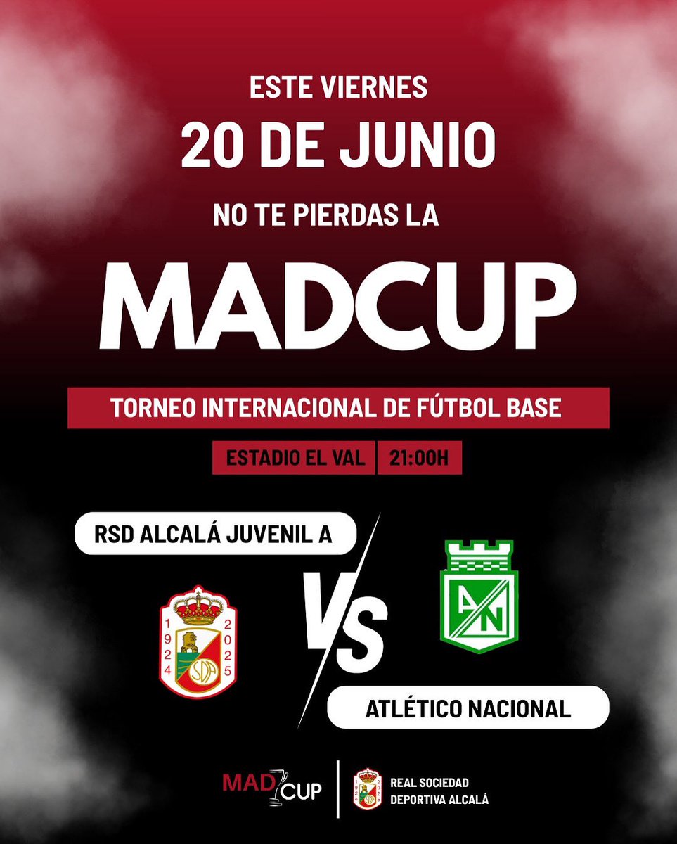 rsda_oficial's tweet image. 🔥 Este viernes a las 21:00h, VIVIMOS UNA NOCHE INTERNACIONAL EN EL VAL 🔥

Nuestro equipo RSDA Juvenil A se enfrenta a Atlético Nacional, uno de los clubes más importantes de Colombia 🇨🇴⚽, en un partidazo dentro de la MadCup, el torneo internacional que reúne a las mejores…