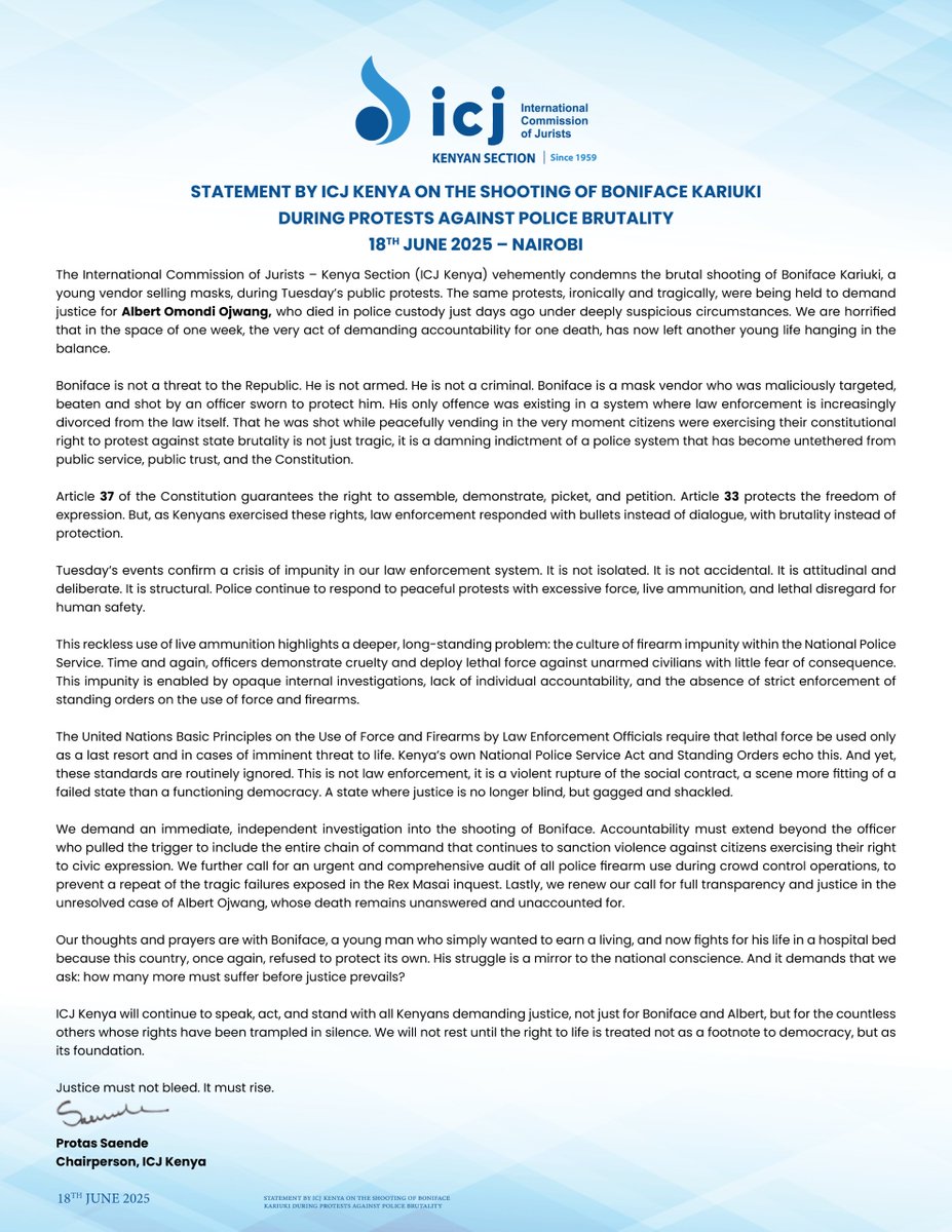 STATEMENT: We demand an immediate, independent investigation into the shooting of Boniface Kariuki.

Accountability must extend beyond the officer who pulled the trigger to include the entire chain of command that continues to sanction violence against citizens exercising their