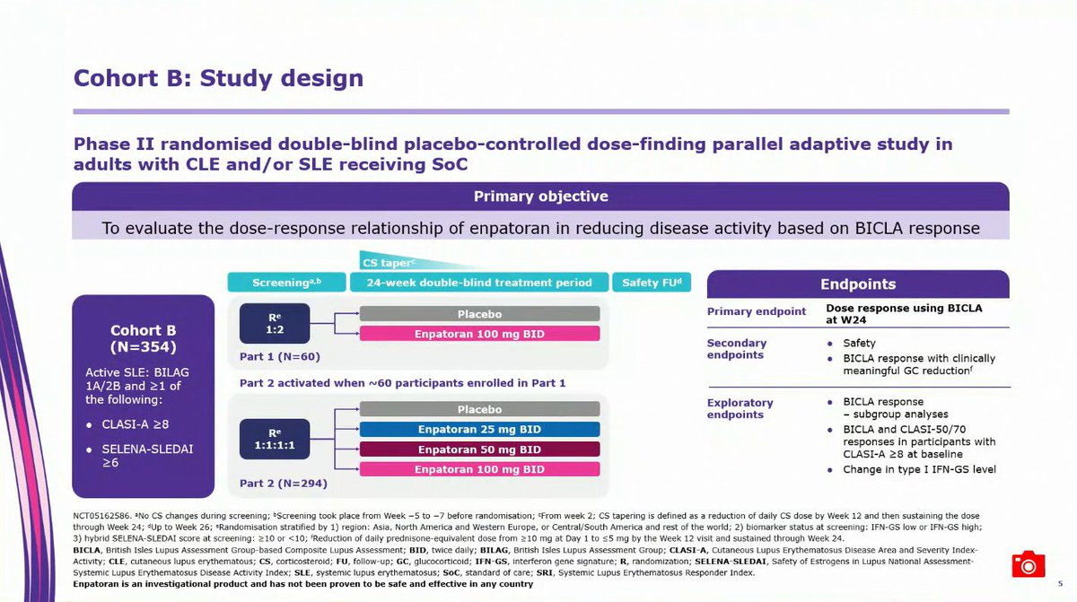 lupus_hub's tweet image. CONGRESS | #EULAR2025 | PRESENTATION
Eric Morand, @MonashUni, presented findings from Cohort B of the phase II WILLOW trial (NCT05162586) evaluating enpatoran in patients with active #SLE (N=354). At Week 24, all doses of enpatoran showed improved BICLA response rates vs placebo,…