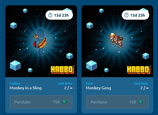 Disponível: Novos itens NFT 

Turma do Macaco e Visual Macaquinho a Tira-colo já disponíveis para serem adquiridos na loja NFT.
#Habbo