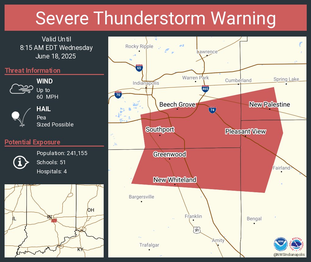 Severe Thunderstorm Warning including Greenwood IN, Beech Grove IN and  New Whiteland IN until 8:15 AM EDT