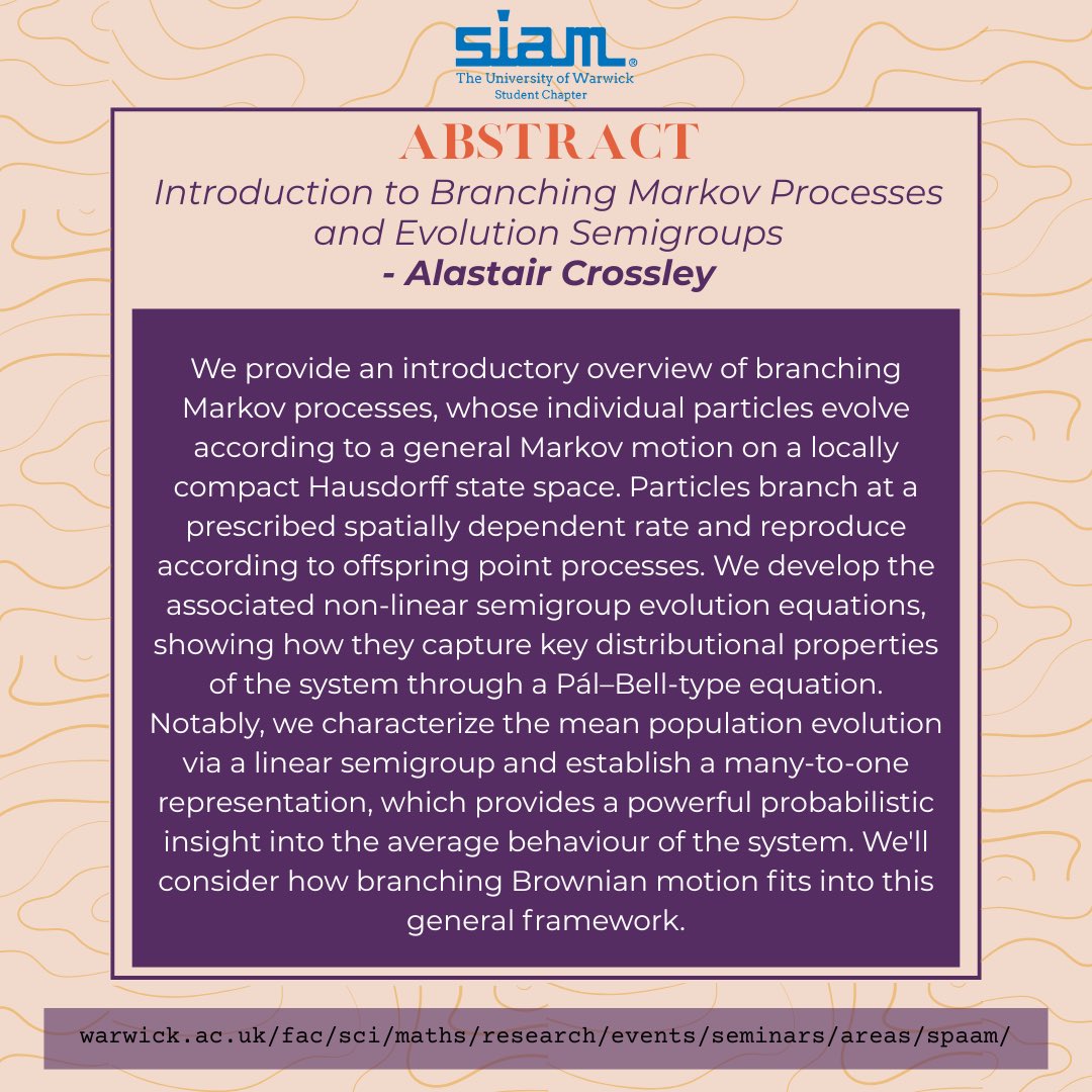 Our final SPAAM seminar speaker for this term will be Alastair Crossley from Stats, Warwick!

Check out our YouTube channel for videos of previous talks from the SPAAM seminar series (link in bio).