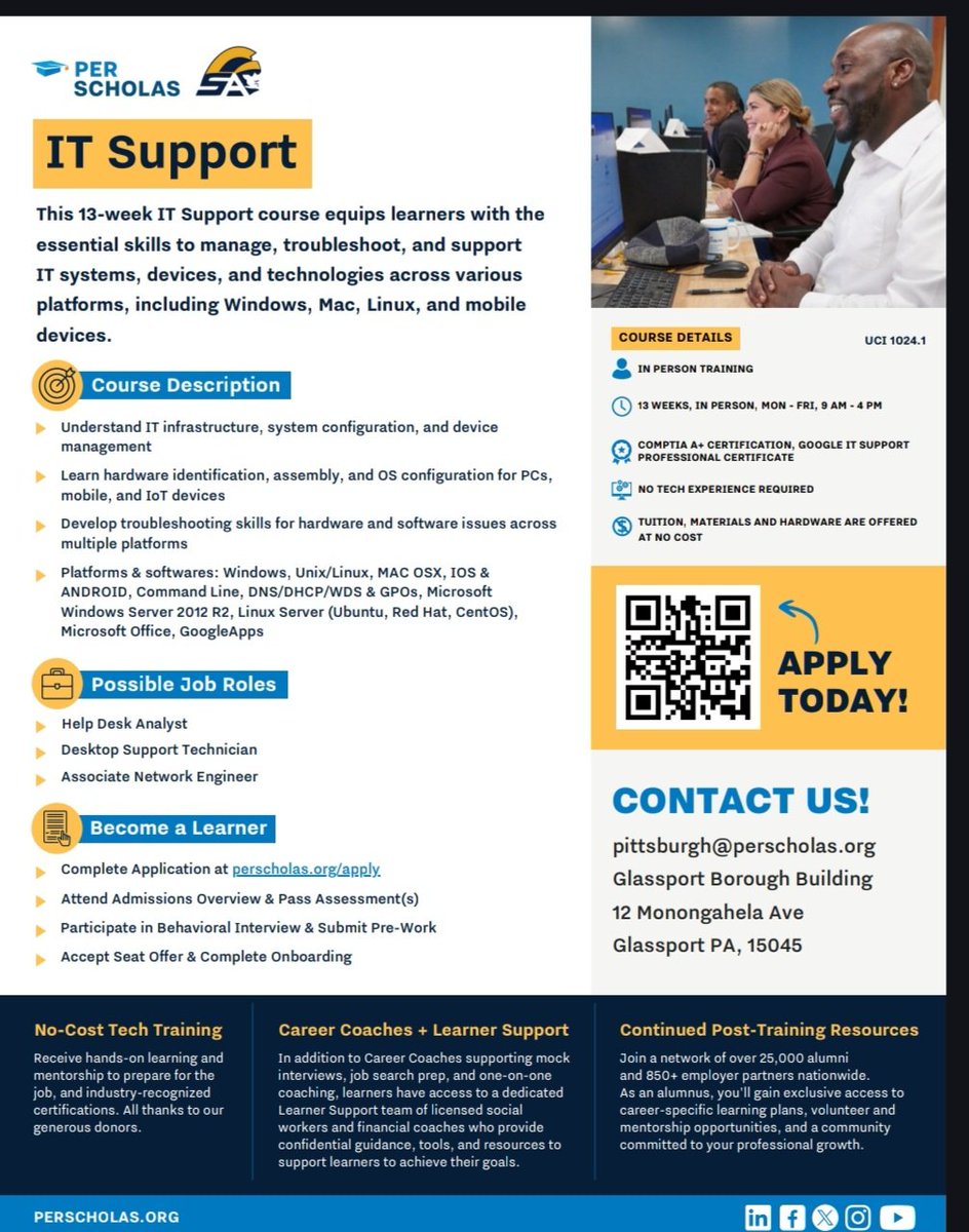 Free tech training is coming to Glassport! The Per Scholas IT Support Program launches July 28 &amp; open to anyone 18+ in South Allegheny communities and beyond. No experience needed—just motivation to start a career in IT. Apply now before mid-July!
Gain industry-recognized certs!