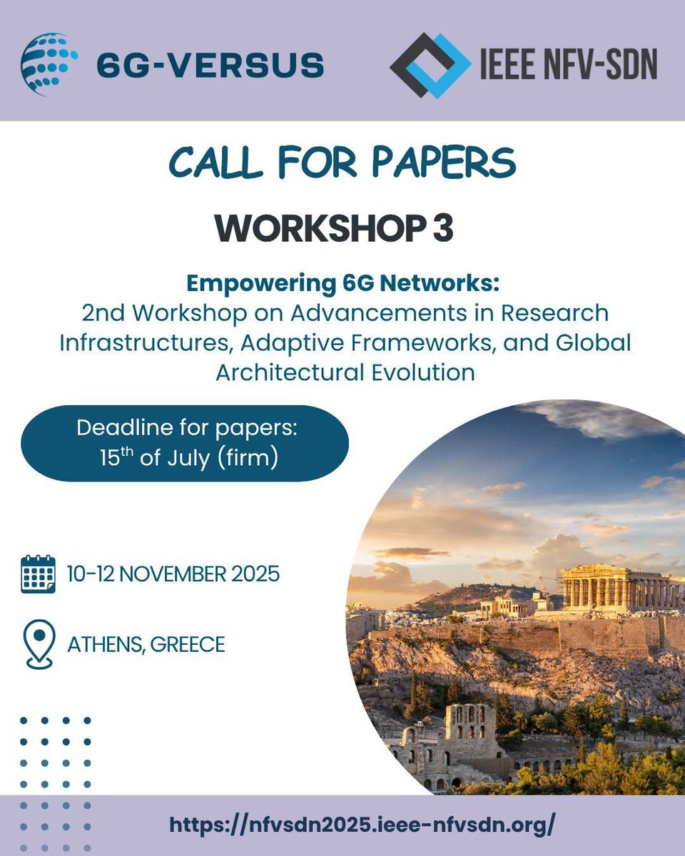 6G-VERSUS project (@6g_versus) on Twitter photo #Learnabout6GVERSUS In the context of the #IEEE NFV-SDN 2025) we invite you to submit your paper at WS3 by ๐ญ๐ฑ ๐๐๐น๐ ๐ฎ๐ฌ๐ฎ๐ฑ (firm)
For more info ๐ read directly here => nfvsdn2025.ieee-nfvsdn.org/sites/nfvsdn20โฆ
<a href="/6G_SNS/">SNS JU</a>
#6gsns #snsju #callforpapers #cfp #conference #horizoneurope #Learnabout6GVERSUS In the context of the #IEEE NFV-SDN 2025) we invite you to submit your paper at WS3 by ๐ญ๐ฑ ๐๐๐น๐ ๐ฎ๐ฌ๐ฎ๐ฑ (firm)
For more info ๐ read directly here => nfvsdn2025.ieee-nfvsdn.org/sites/nfvsdn20โฆ
<a href="/6G_SNS/">SNS JU</a>
#6gsns #snsju #callforpapers #cfp #conference #horizoneurope