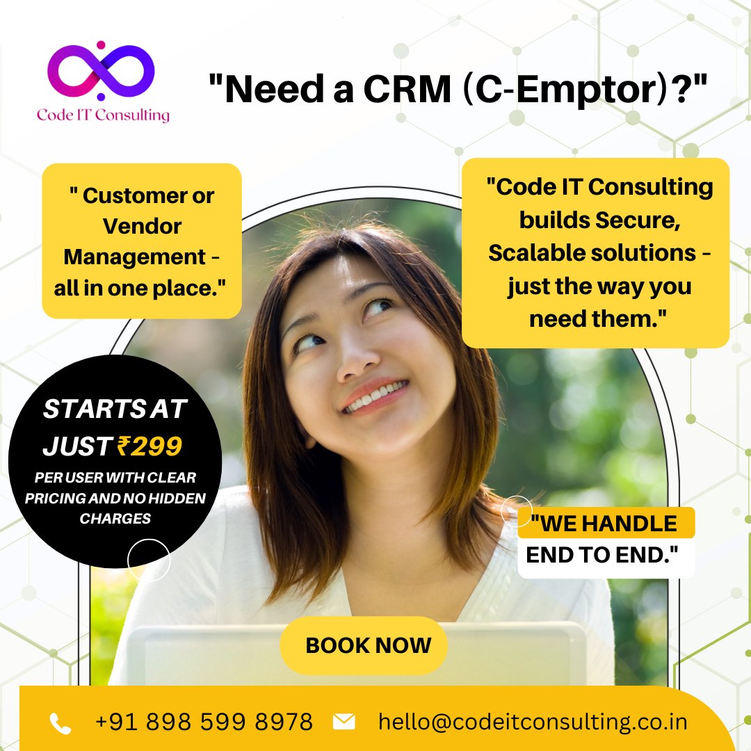 CodeIT_co's tweet image. Searching for a CRM that grows with your business?
 Meet C-Emptor from Code IT Consulting — designed for businesses that need secure, scalable, and transparent solutions.
✔️ Manage customers and vendors in one place
 ✔️ Pricing starts at just ₹299/user
 ✔️ No hidden fees – ever