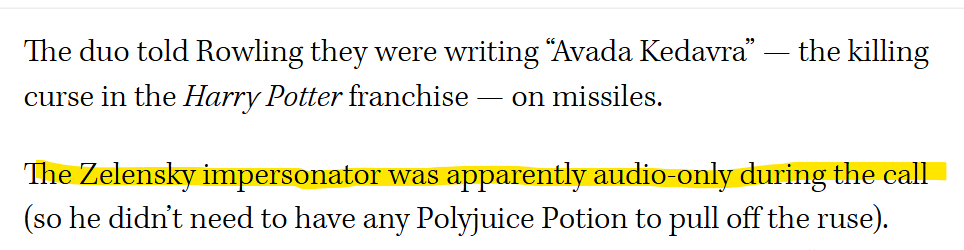 Yeah, this might be a 'gotcha' for Aidan Comerford if the Zelenskyy impersonator on the call with <a href="/jk_rowling/">J.K. Rowling</a>  hadn't been audio only.