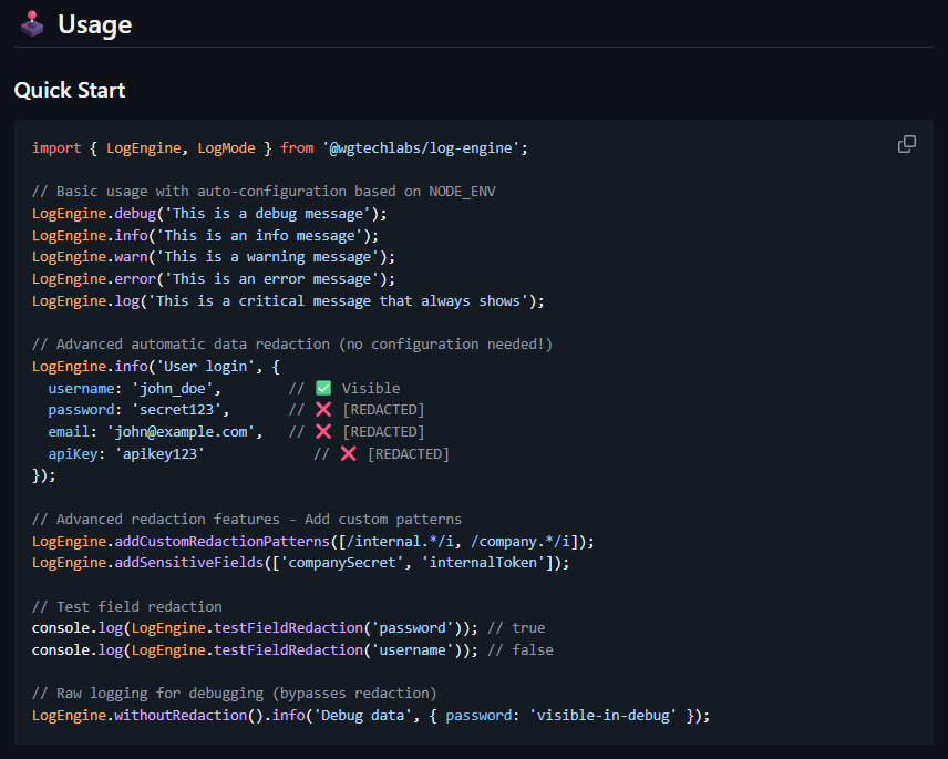 wgtechlabs's tweet photo. π¨ New in LogEngine v1.3.0
Zero-config logging with built-in PII redaction! π
- 50+ patterns auto-protected
- Custom regex & deep scanning
- withoutRedaction() for debug
- Perfect for bots, APIs & prod apps
Security-first logging is here.
π https://t.co/AMztbmLkBF https://t.co/2uZIaKkeKQ