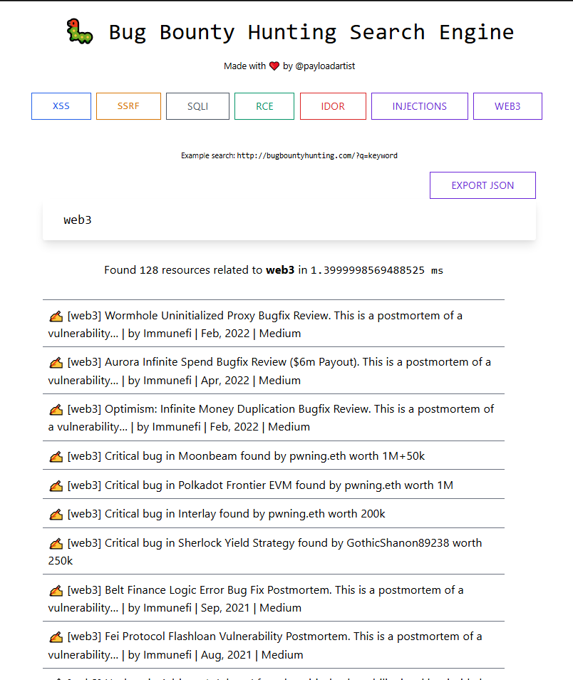payloadartist's tweet photo. Small https://t.co/r7JhrBMja1 Update

🤝 120+ Web3 #bugbounty writeups added 
🤝 Web3 button added to home page to easily access them

Get alpha from the best web3 bug bounty writeups, and find awesome bugs! 

Try yourself: https://t.co/Pl9ukOO6Qy https://t.co/ruOvhL26e9