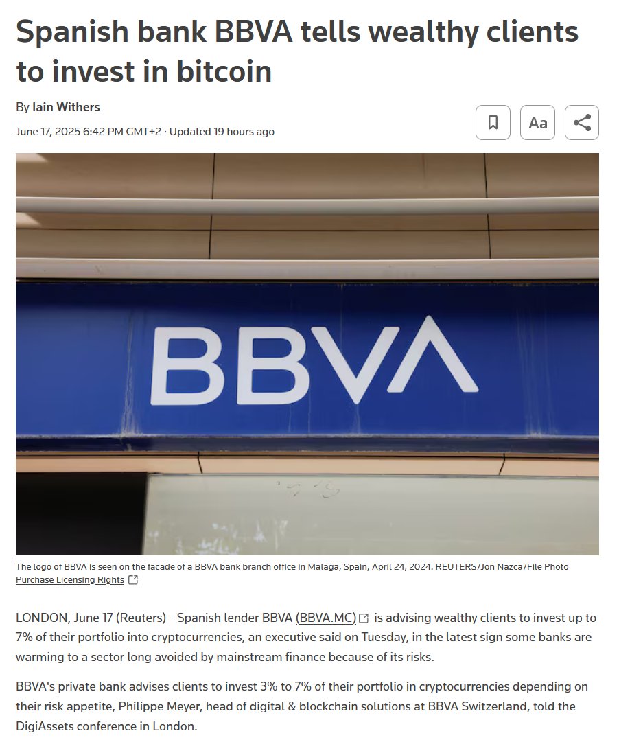 NEW: 🇪🇸 Spanish banking giant BBVA is advising wealthy private banking  clients to allocate 3-7% of their portfolios to Bitcoin, according to BBVA  executive Philippe Meyer.