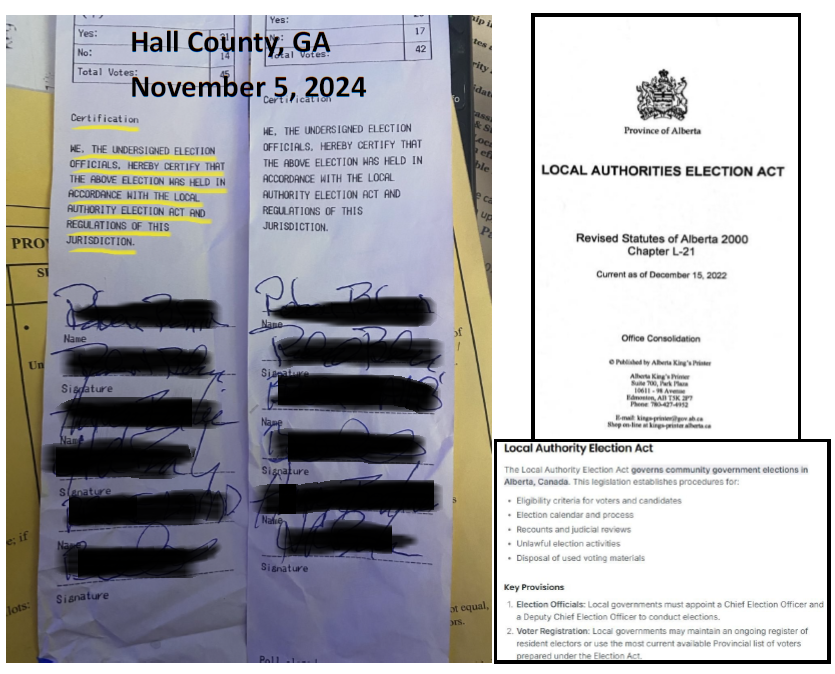 Georgians4Truth's tweet photo. Since the first use of these machines back in 2020 through 2024, the tabulator tape certification was to the "Local Authority Election Act", a foreign law only found in Canada.  When called out to legislators, they were shocked. When called out to Gabe Sterling, CEO of SOS office, he said, "It doesn't matter, it doesn't matter." Well, I guess it does.  It took GRASSROOTS ACTIVISTS to bring this to light and get it fixed. We ask again, were our previous elections legally certified? #gapol