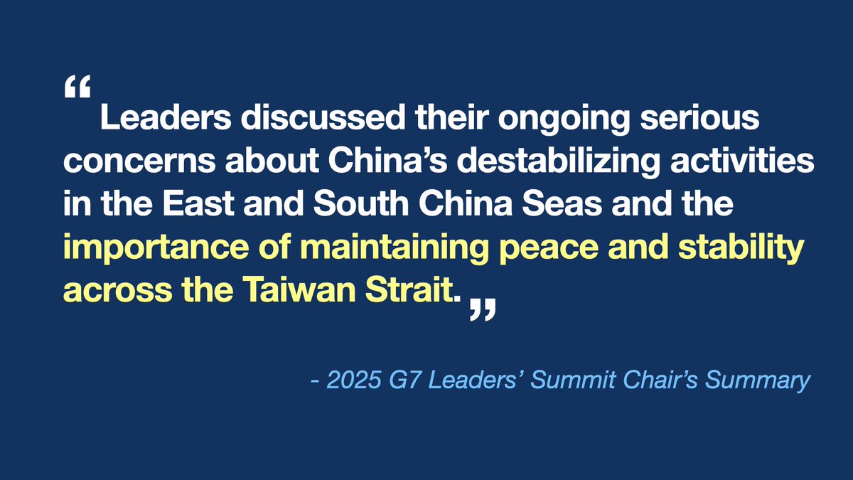Truly thankful to #G7 leaders for supporting peace &amp; stability in the Taiwan Strait and expressing concern over China’s destabilizing behavior. #Taiwan remains committed to working w/ partners to counter coercion, strengthen econ ties &amp; uphold regional peace &amp; prosperity.