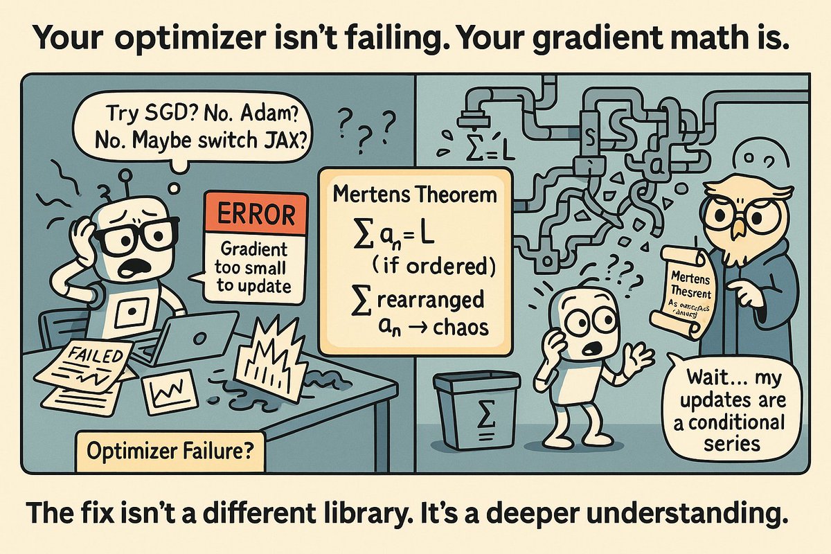 Packt Data Science & Machine Learning (@packtdataml) on Twitter photo Your optimizer isn’t broken—your gradient math is.
📘 Mertens’ Theorem explains why updates can diverge → packt.link/OYc5b
#MathematicsOfML #OptimizerMath #MertensTheorem #MachineLearning #100DaysChallenge Your optimizer isn’t broken—your gradient math is.
📘 Mertens’ Theorem explains why updates can diverge → packt.link/OYc5b
#MathematicsOfML #OptimizerMath #MertensTheorem #MachineLearning #100DaysChallenge