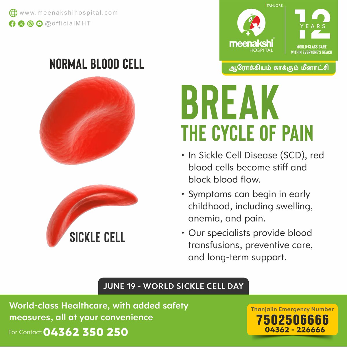 Break the Cycle of Pain. Our specialists provide blood transfusions, preventive care, and long-term support.

#WorldSickleCellDay #SickleCellAwareness #SickleCellDay #SickleCellTreatment #WorldSickleCellDay2025 #meenakshihospital #meenakshihospitalthanjavur #MHT #Thanjavur