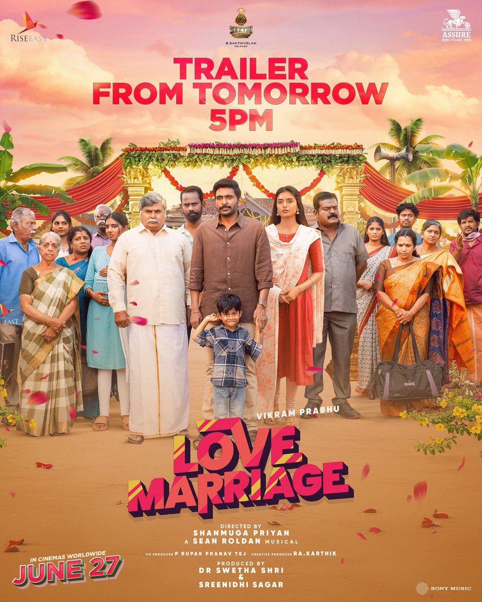 #LoveMarriage TRAILER DROPS TOMORROW AT 5PM ❤️

A very relatable, fun-filled family entertainer on cards 🥳
In cinemas from JUNE 27th🥁

Directed by <a href="/Director_Priyan/">shanmuga priyan</a> 🎬
A <a href="/RSeanRoldan/">Sean Roldan</a> musical 🎶 

<a href="/iamVikramPrabhu/">Vikram Prabhu</a> <a href="/sush_bhat94/">Sushmitha Bhat</a> <a href="/Meenakshidine0/">Meenakshi Dinesh</a> <a href="/thilak_ramesh/">Ramesh Thilak</a>