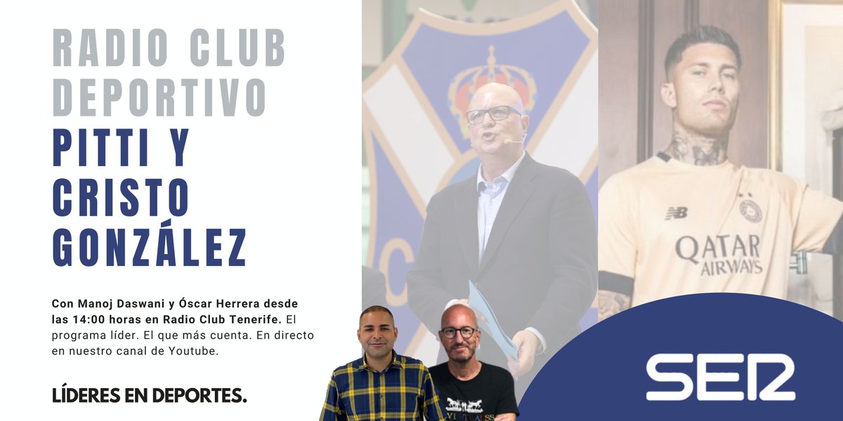 Radio Club Tenerife (@radioclubser) on Twitter photo 🔴 EN DIRECTO a las 14:00h | Nos visitan hoy en 'Radio Club Deportivo' @JoseManuelPitti y el ex del <a href="/CDTOficial/">CD Tenerife 🏴</a> Cristo González
⚡️ Enlace en Youtube > youtube.com/watch?v=oIPmxv… 🔴 EN DIRECTO a las 14:00h | Nos visitan hoy en 'Radio Club Deportivo' @JoseManuelPitti y el ex del <a href="/CDTOficial/">CD Tenerife 🏴</a> Cristo González
⚡️ Enlace en Youtube > youtube.com/watch?v=oIPmxv…