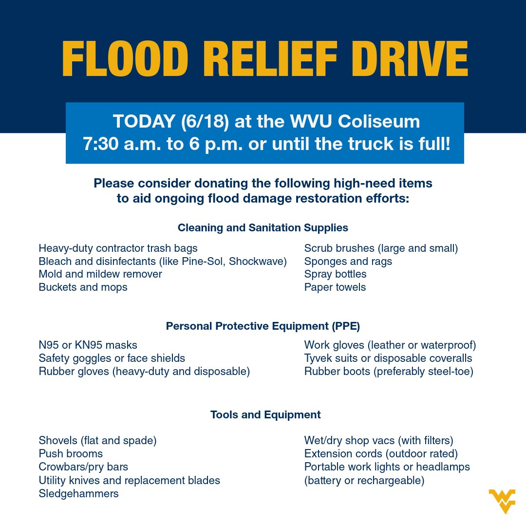 WVUAlumniAssoc's tweet image. Help us support the Wheeling and Ohio County, WV area by donating cleaning supplies to aid in the restoration efforts following recent flooding!
Donations can be brought to the WVU Coliseum today (6/18) from 7:30 a.m. to 6 p.m. or until the truck is full.