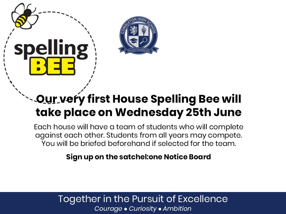 Students can sign up now to take part in our first ever House Spelling Bee, which will be held after lunch on Wednesday 25th June. There will be a team from each House. 
Sign up via the satchel:one noticeboard.
#TogetherInThePursuitOfExcellence