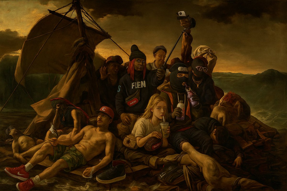 coresender1's tweet photo. Théodore Géricault – The Raft of the Medusa, 1818–1819
Louvre, Paris, France
From Romantic tragedy to Gen Z shipwreck.
Selfies, streetwear, sippin’ lean on a sinking raft — the chaos stays timeless.
Still no land in sight.
#Gericault #RaftOfTheMedusa #DegenArt #AIart #GenZRemix #LouvreLeak #MemeClassic