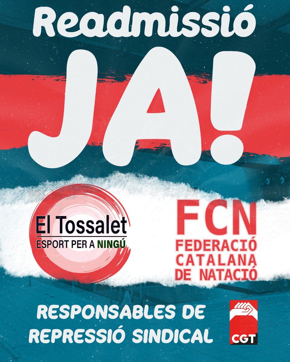 #CGT #Berguedà (@cgtberga) on Twitter photo 🚨 Han acomiadat injustament 7 treballadores del <a href="/nataciocat/">Federació Catalana de Natació</a> a les instal·lacions municipals de Berga (Tossalet). És repressió sindical pura i dura.
📢 No pararem fins la seva readmissió!
🔺 Vaga des de dimecres vinent
🔺 Boicot al Tossalet
#RepressióSindical #BergaEnLluita 🚨 Han acomiadat injustament 7 treballadores del <a href="/nataciocat/">Federació Catalana de Natació</a> a les instal·lacions municipals de Berga (Tossalet). És repressió sindical pura i dura.
📢 No pararem fins la seva readmissió!
🔺 Vaga des de dimecres vinent
🔺 Boicot al Tossalet
#RepressióSindical #BergaEnLluita