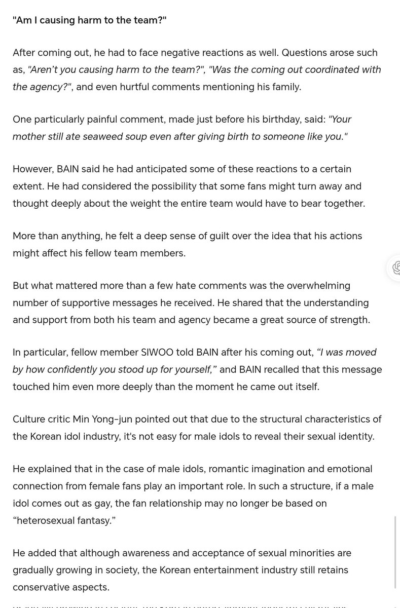 JUSTBUpdates's tweet photo. After coming out, he had to face negative reactions as well. One particularly painful comment, made just before his birthday, said: "Your mother still ate seaweed soup even after giving birth to someone like you."

🔗 https://t.co/Tynyw0UXxN https://t.co/ZK5At5Hays