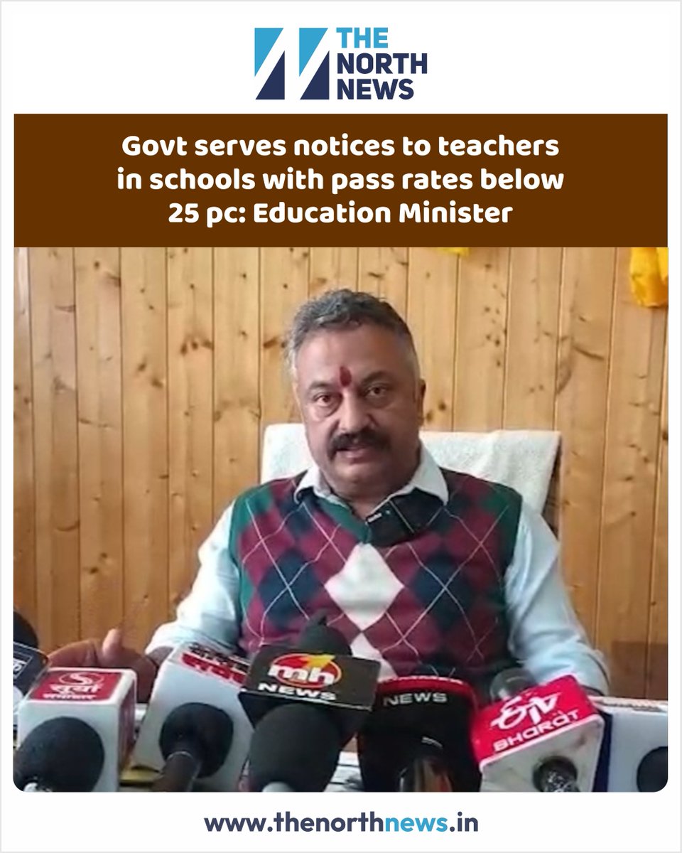 thenorthnews_in's tweet image. Himachal Pradesh govt serves notices to teachers in schools with under 25% pass rates. Accountability is key as Education Minister Rohit Thakur pushes for better results and stronger education standards
#EducationReform #TeacherAccountability #HimachalEducation #SchoolImprovement