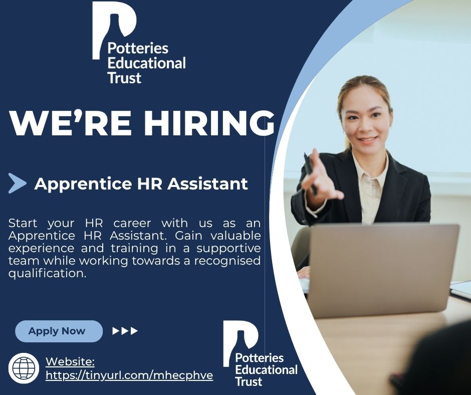🚀 Kickstart your HR career

We're hiring an Apprentice HR Assistant at Potteries Educational Trust. Gain hands-on experience, earn while you learn, and grow with a supportive team

👉 Apply now: tinyurl.com/mhecphve

#Apprenticeship #HRJobs #StokeOnTrent #CareersInEducation