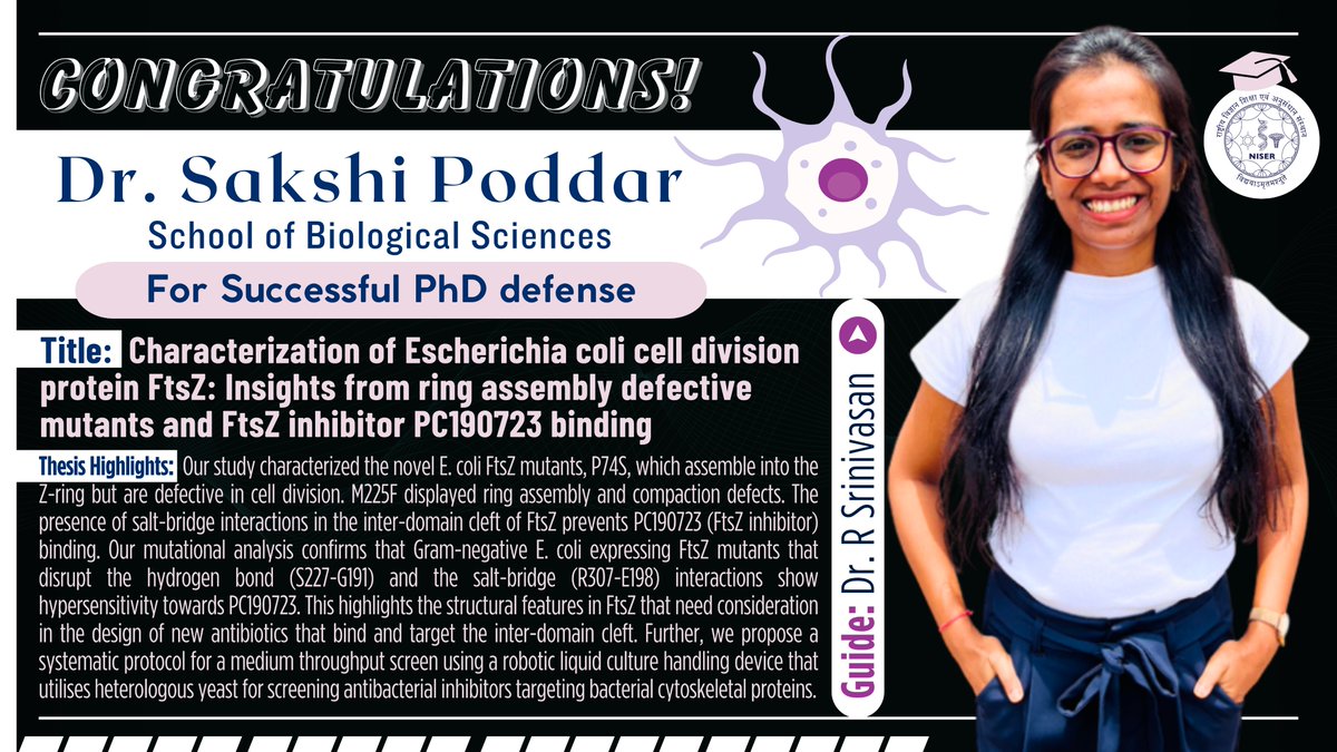 NISER (@niser_official) on Twitter photo Kudos to <a href="/sakshipoddar20/">Sakshi Poddar</a> from <a href="/SBSNISER/">SBS, NISER</a> on successfully defending her Ph.D. thesis, "Characterization of Escherichia coli cell division protein FtsZ: Insights from ring assembly defective mutants and FtsZ inhibitor PC190723 binding," under the expert mentorship of <a href="/kuruhoornambi/">RAMANUJAM SRINIVASAN</a>! Kudos to <a href="/sakshipoddar20/">Sakshi Poddar</a> from <a href="/SBSNISER/">SBS, NISER</a> on successfully defending her Ph.D. thesis, "Characterization of Escherichia coli cell division protein FtsZ: Insights from ring assembly defective mutants and FtsZ inhibitor PC190723 binding," under the expert mentorship of <a href="/kuruhoornambi/">RAMANUJAM SRINIVASAN</a>!