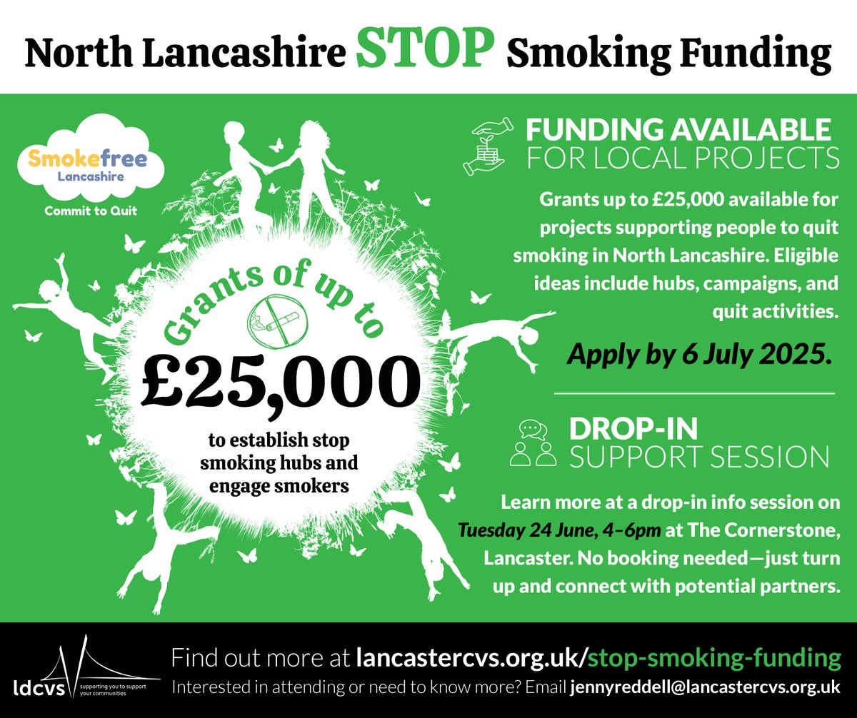 🚭 FUNDING OPPORTUNITY! 
Apply for up to £25K to support stop-smoking work in your community. Find out more at our drop-in session – Tommorow, 4–6pm at The Cornerstone, Lancaster.
Apply by 6 July: lancastercvs.org.uk/stop-smoking-f… #SmokefreeLancashire #LDCVS