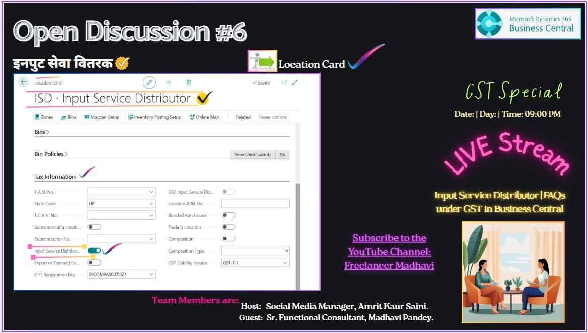 madhavi_pandey_'s tweet photo. 💁Update on Upcoming "Live" Team Discussion on our YouTube Channel✔️
📍Topic: FAQs on *Input Service Distribution* (ISD) concept & process in Dynamics 365 Business Central✅
#youtubelive #livestream #ytstream #gst #d365bc
💁Subscribe to the YT Channel: https://t.co/xKU07BGski https://t.co/ARQh07moDQ