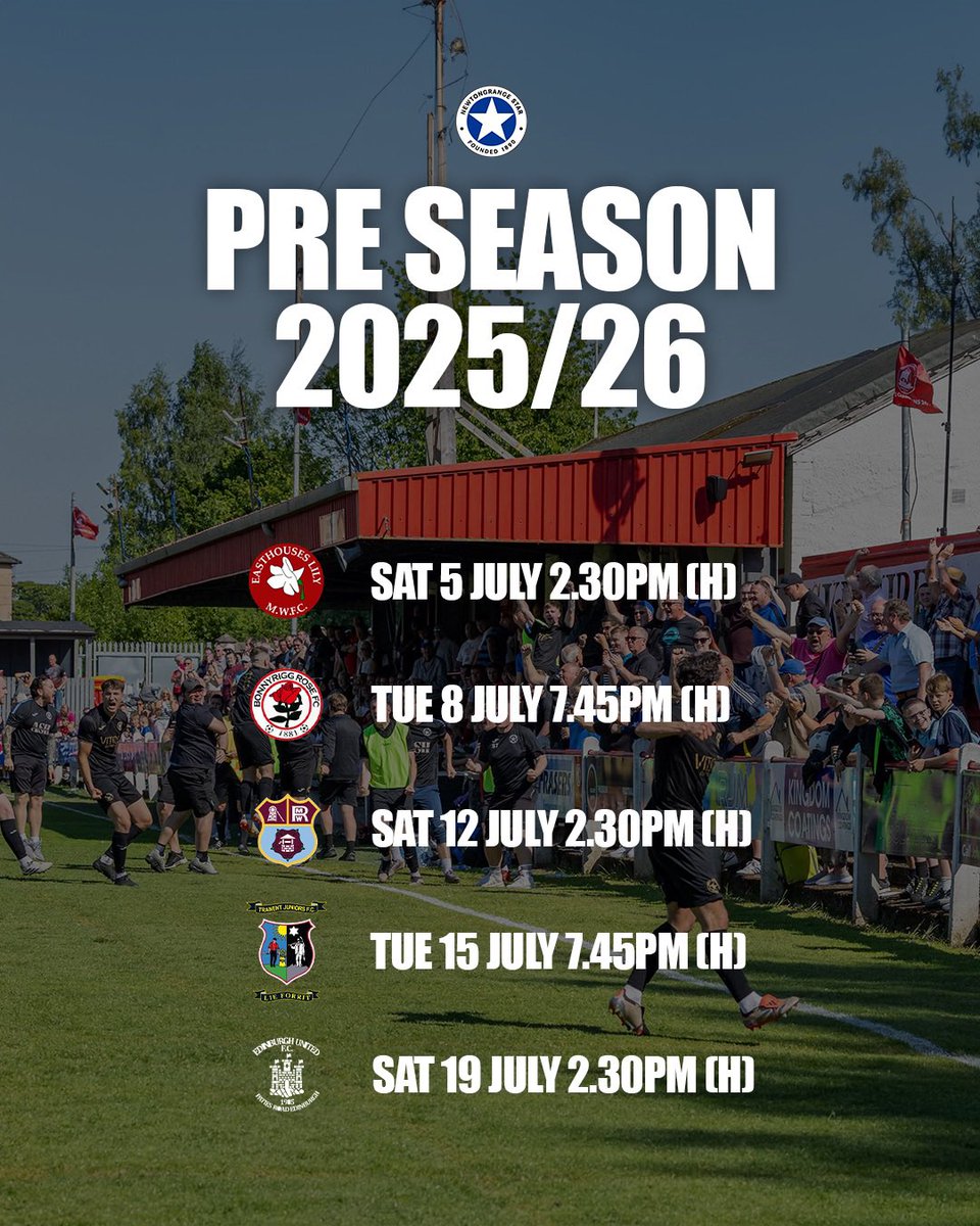 In case you missed it here is a look at our pre-season schedule. 

Season ticket holders - your season ticket will be valid for the matches against Easthouses, Whitehill and Edin Utd. 

That works out at just £5.55 a game for an adult and £3.33 for an over 65.

Get your season