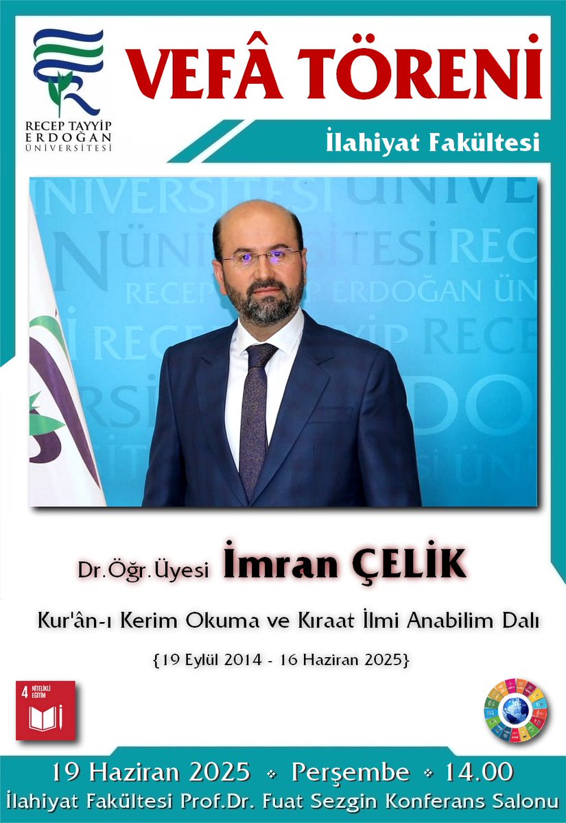 Fakültemiz Kur’an-ı Kerim Okuma ve Kıraat Anabilim Dalı hocalarından Dr. Öğr. Üyesi İmran Çelik’i “Vefâ Töreni” ile yeni görev yerine uğurlayacağız.