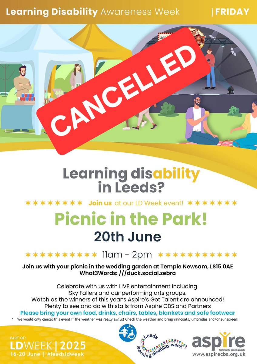 ❗️Picnic in the Park❗️

Unfortunately, due to the extreme temperatures predicted for Friday 20th June, we have taken the difficult decision to cancel Picnic in the Park.

We look forward to getting together again soon.

Thank you for understanding.

#LeedsLDWeek