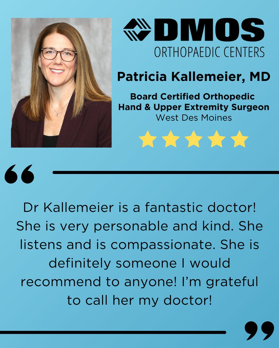 ⭐⭐⭐⭐⭐ Thank you to the patient who left this five star review for Dr. Kallemeier! We are grateful you had a positive experience at DMOS.

Book an appointment today by visiting tinyurl.com/dmosappointmen… or calling 515-224-1414! #herewhenyouneedus #orthopedics