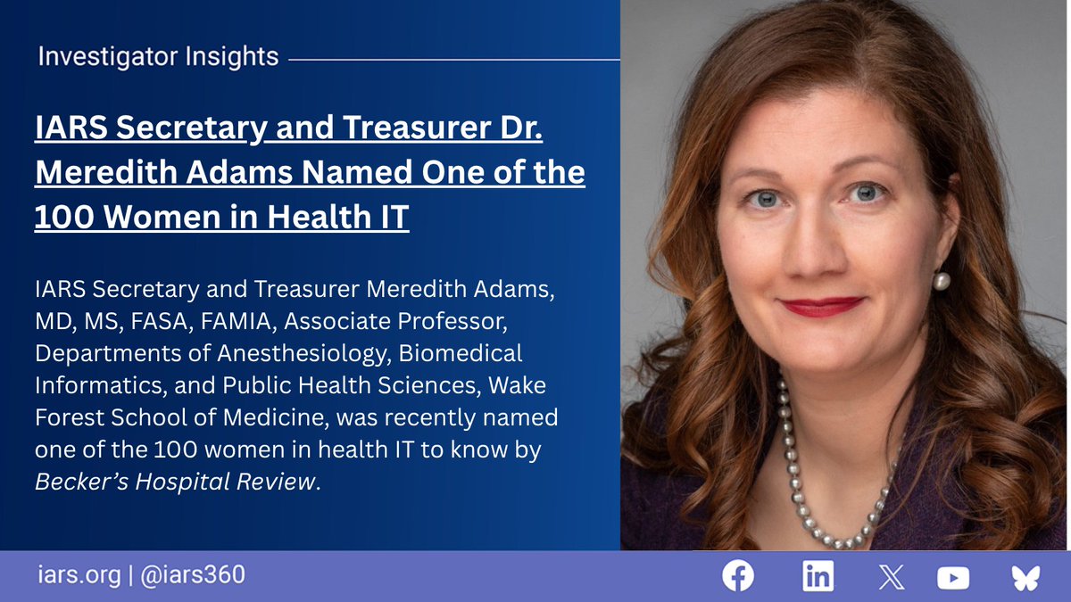IARS360 (@iars360) on Twitter photo Congrats to <a href="/MeredithAdamsMD/">Dr. Meredith C. B. Adams</a> for being named one of the 100 women in health IT by Becker’s! #WomenInHealthIT #HealthInnovation #OpioidResearch #DataScienceInHealthcare #HealthITLeaders #ClinicalCare #PainManagement #InvestigatorInsights More: ow.ly/ugl950W9apB Congrats to <a href="/MeredithAdamsMD/">Dr. Meredith C. B. Adams</a> for being named one of the 100 women in health IT by Becker’s! #WomenInHealthIT #HealthInnovation #OpioidResearch #DataScienceInHealthcare #HealthITLeaders #ClinicalCare #PainManagement #InvestigatorInsights More: ow.ly/ugl950W9apB