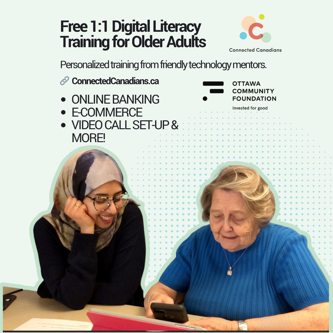 connectedcanadians (@connectedcdns) on Twitter photo 🚀 We’re offering FREE & friendly technology mentorship for older adults!
📌 Connected Canadians offers 1:1 tech training to help older adults (50+) stay connected. We offer help with scam calls, Zoom, online banking and more.
A huge thank you to <a href="/OttCommFdn/">Ottawa Community Foundation</a> for supporting us! 🚀 We’re offering FREE & friendly technology mentorship for older adults!
📌 Connected Canadians offers 1:1 tech training to help older adults (50+) stay connected. We offer help with scam calls, Zoom, online banking and more.
A huge thank you to <a href="/OttCommFdn/">Ottawa Community Foundation</a> for supporting us!