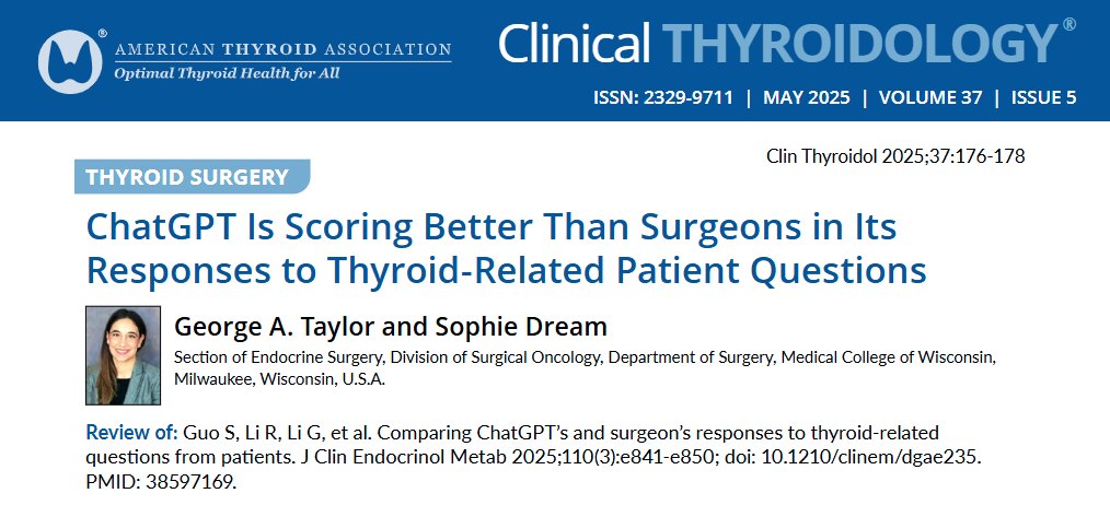 How do responses from #ChatGPT compare to those of surgeons about #thyroid care? Dr. Dream reviews provocative article in #JCEM that suggests answers from #AI may be perceived as superior.

ow.ly/uwGM50WakUy

#thyroid #medtwitter #endotwitter #thyroidcancer #hypothyroidism