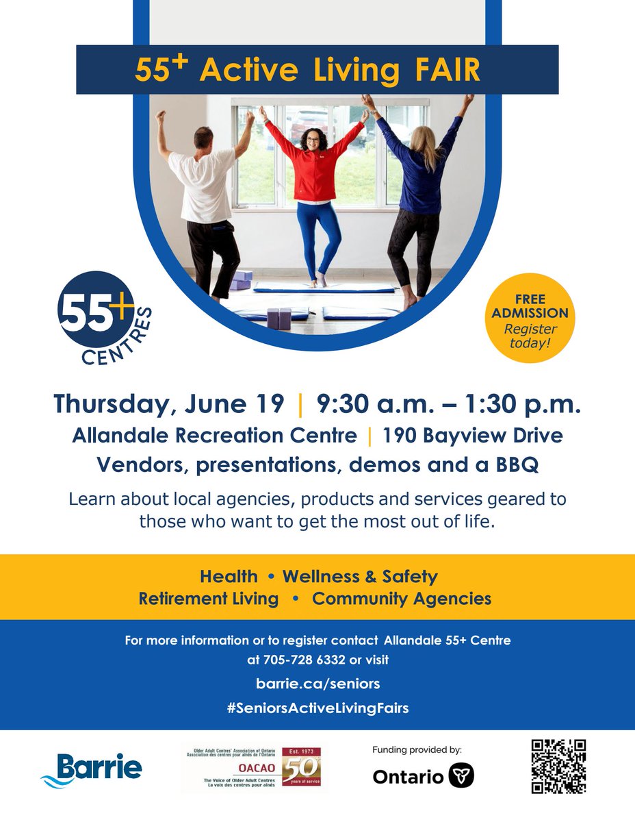 TheOACAO's tweet image. ๐จ Seniors Active Living Fairs! ๐ Join us June 19 in Barrie & Thorold, June 21 in South Bruce Peninsula! โ
Free admission! ๐ Find a Fair: bit.ly/3y9LJf1 Presented with @oacao_ontario and government of Ontario. #SeniorsActiveLiving #HealthyAging #OntarioSeniors