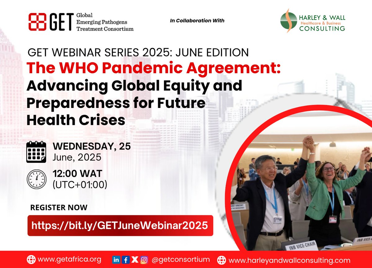 📢 7 days to go!

Join global experts as we unpack the WHO Pandemic Agreement &amp; its implications for Africa.

🗓️ June 25, 2025
🕛 12:00 PM WAT | 💻 Zoom
🔗 Register: bit.ly/GETJuneWebinar…

#getwebinarseries #pandemicagreement #globalhealth #healthsecurity #onehealth #wha78