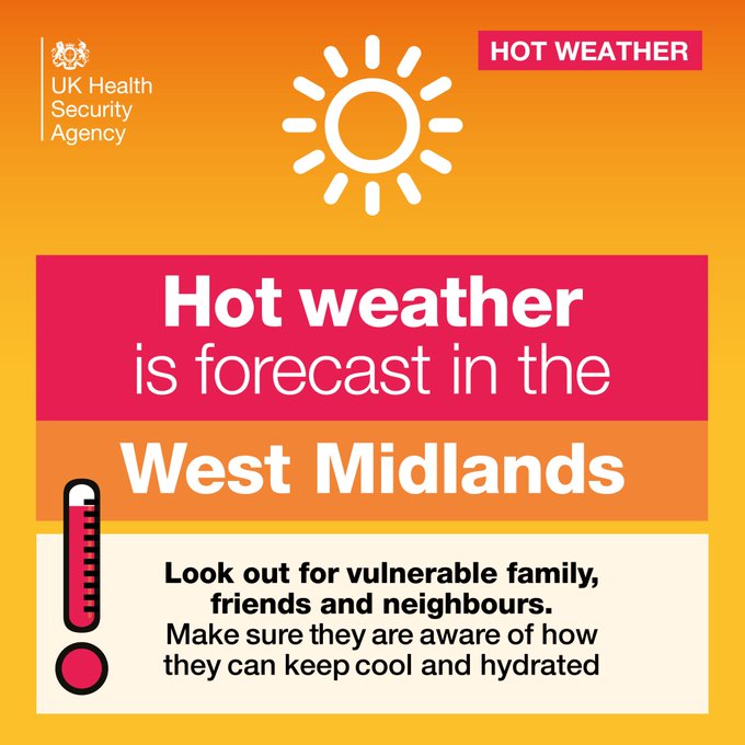 With @MetOffice we've issued a YELLOW #HeatHealthAlert until 6pm Sunday 22 June for the #WestMidlands region

During #HotWeather
☀️drink lots of water to keep hydrated
☀️wear sun cream to protect skin from UV damage
☀️check on anyone who may be vulnerable

bit.ly/BeatTheHeatAdv…
