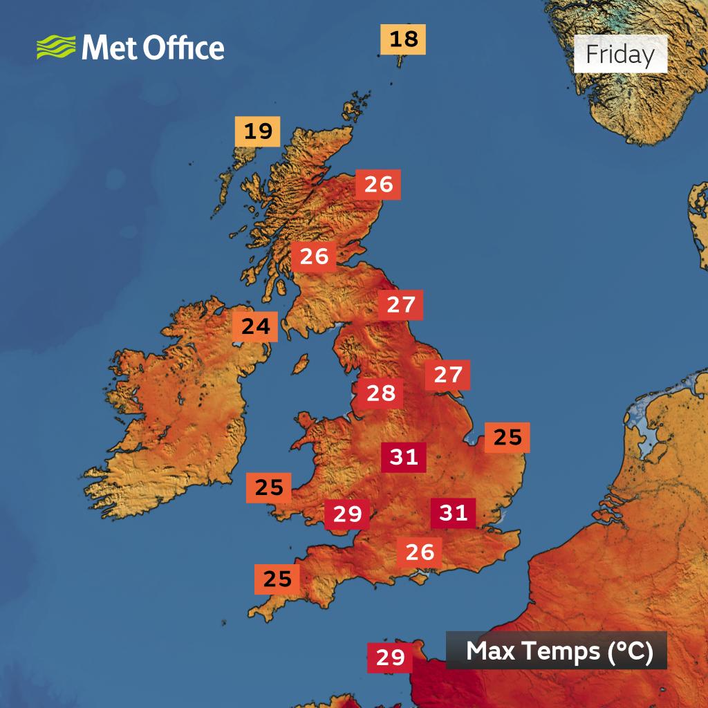 metoffice's tweet image. Just how high will temperatures get? 🌡️

Here&apos;s a look at when the peak temperatures may occur where you are over the next few days 📈