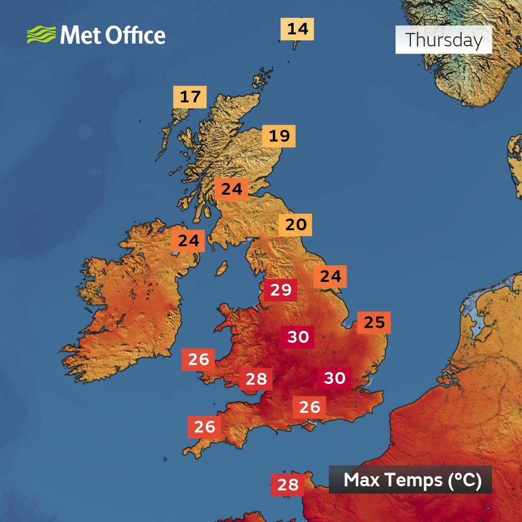 metoffice's tweet image. Just how high will temperatures get? 🌡️

Here&apos;s a look at when the peak temperatures may occur where you are over the next few days 📈