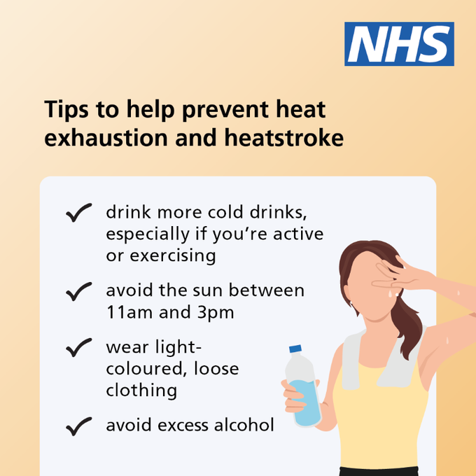 ☀️ Weather warning! 🌡️ Temperatures will likely reach over 30 degrees later this week!🥵

It’s important to know the difference between heat exhaustion and heatstroke. 

Find out more on the NHS website: nhs.uk/conditions/hea…