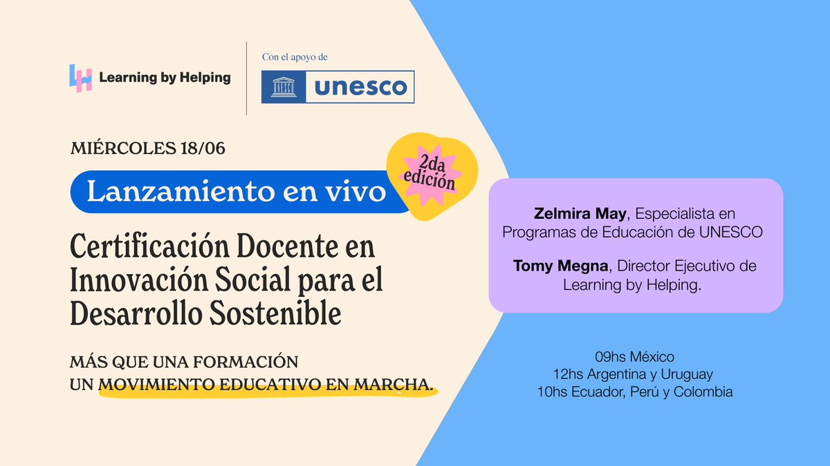 LearnByHelping's tweet image. Hoy es el día 🚨 ¿Docente? ¿Educador/a? Te contamos TODO sobre la #CertificaciónDocente de #learningbyhelping &amp;amp; @UNESCO 
🌍 Educación, sostenibilidad e impacto real, en solo 3 meses.
📅 Mié 18/6
🕘 9h 🇲🇽 | 10h 🇪🇨🇵🇪🇨🇴 | 12h 🇦🇷🇺🇾
🎥 Entra al vivo → youtube.com/live/4EtRBQTYS…