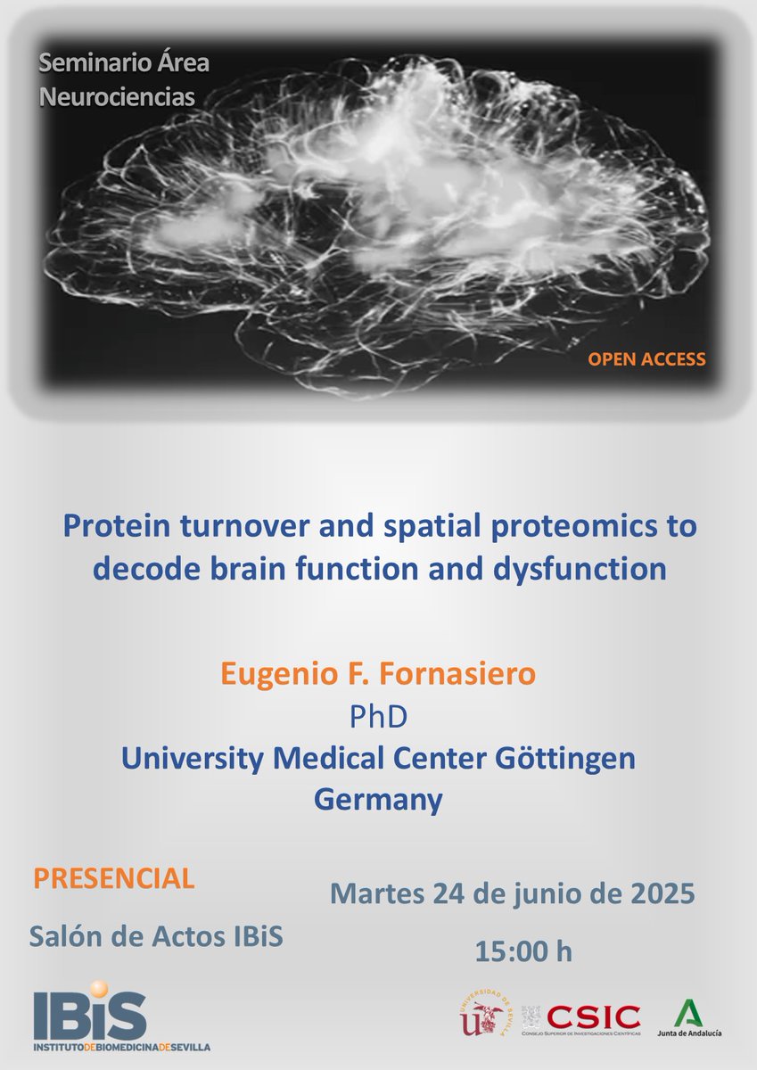 🟠 SCIENCE |

Seminar: "Protein turnover and spatial proteomics to decode brain function and dysfunction"

👤: Eugenio F. Fornasiero, PhD
🗓️: 24-06 | 15:00 h.
📍: IBiS Assembly Hall