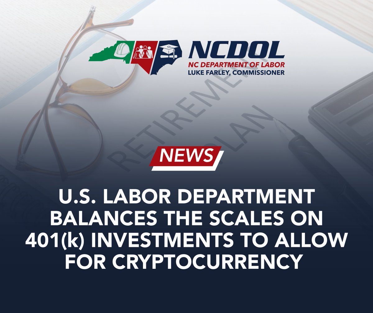 NC Department of Labor (@ncdol) on Twitter photo 📢 Commissioner <a href="/LukeFarleyNC/">Luke Farley</a> applauds the U.S. Department of Labor's move to restore balance to 401(k) oversight:
“I applaud Secretary Chavez-DeRemer and the USDOL for restoring balance and common sense in 401(k) retirement plans. Investment decisions should be driven by 📢 Commissioner <a href="/LukeFarleyNC/">Luke Farley</a> applauds the U.S. Department of Labor's move to restore balance to 401(k) oversight:
“I applaud Secretary Chavez-DeRemer and the USDOL for restoring balance and common sense in 401(k) retirement plans. Investment decisions should be driven by
