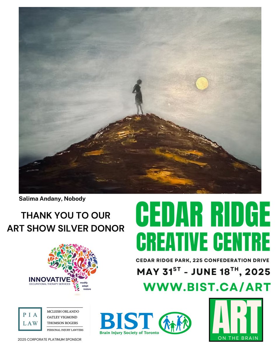 That's a wrap folks! 

Today is the LAST DAY  to explore our Art On The Brain exhibit at Cedar Ridge Creative Centre. Check out works by 50+ artists who live with #braininjury: bist.ca/art

A BIG THANK YOU to Innovative Occupational Therapy - our SILVER DONOR!
