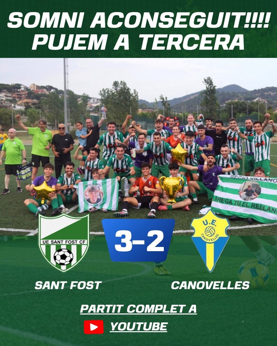uesantfost's tweet photo. HEM FET HISTÒRIA!

FINAL PLAYOFF ASCENS - TERCERA CATALANA
PARTIT TORNADA

SANT FOST 3 ✖️ 2 CANOVELLES..... (5-2)

HEM OMPLIM EL MUNICIPAL DE SANT FOST COM MAI HEM FET ABANS! AQUESTS JUGADORS S’HO MEREIXEN TOT! 
SOM EQUIP DE TERCERA CATALANA
PARTIT COMPLET
https://t.co/Nui3lLsO52 https://t.co/OkzHX4njKg