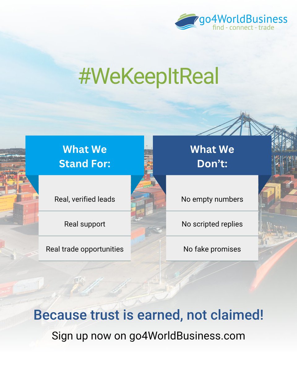 At go4WorldBusiness, we don’t overpromise and underdeliver. Instead, #WeKeepItReal so you can trade with confidence.

Sign up now: go4worldbusiness.com/seller/signup?…

#GlobalTrade #VerifiedLeads #TradeWithConfidence #B2BMarketplace #go4WorldBusiness #RealConnections #NoFakeLeads